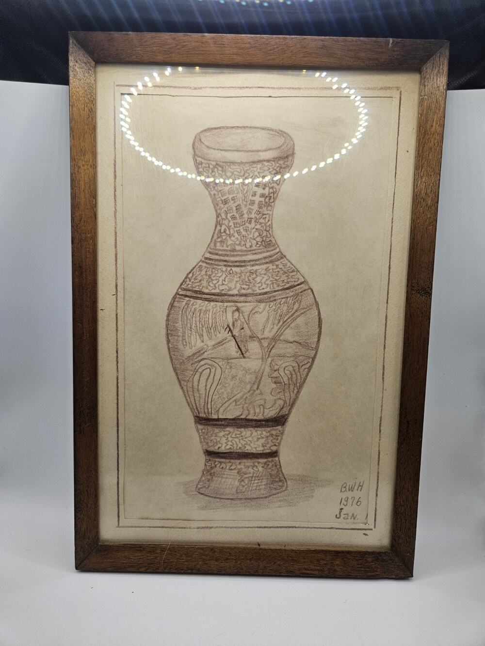 1976 Framed Pencil Drawing Ornate Vase Still Life Signed B.W.H Original Art 14x9